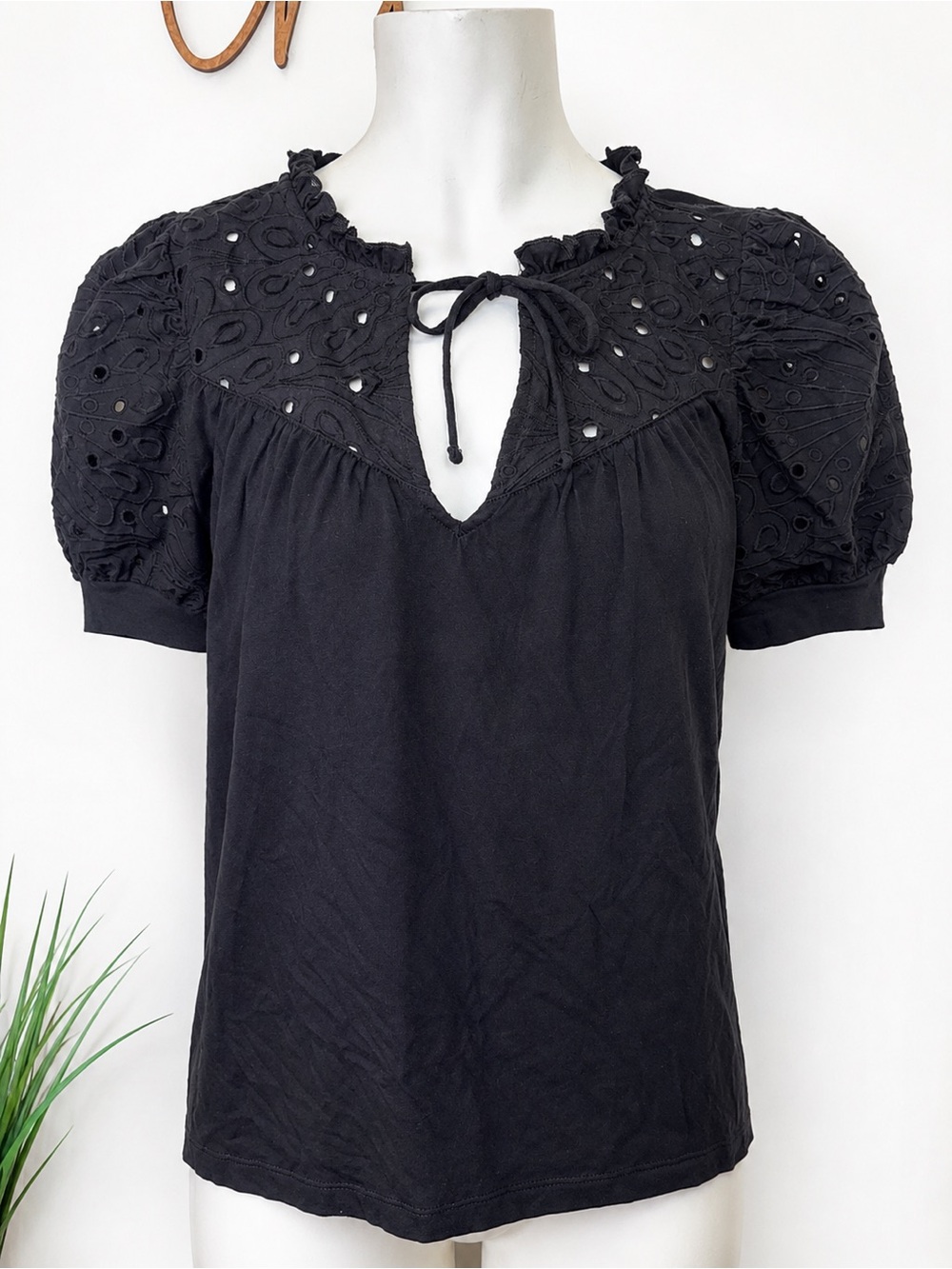 LOFT Black Eyelet Puff Sleeve Tie Neck Top XS